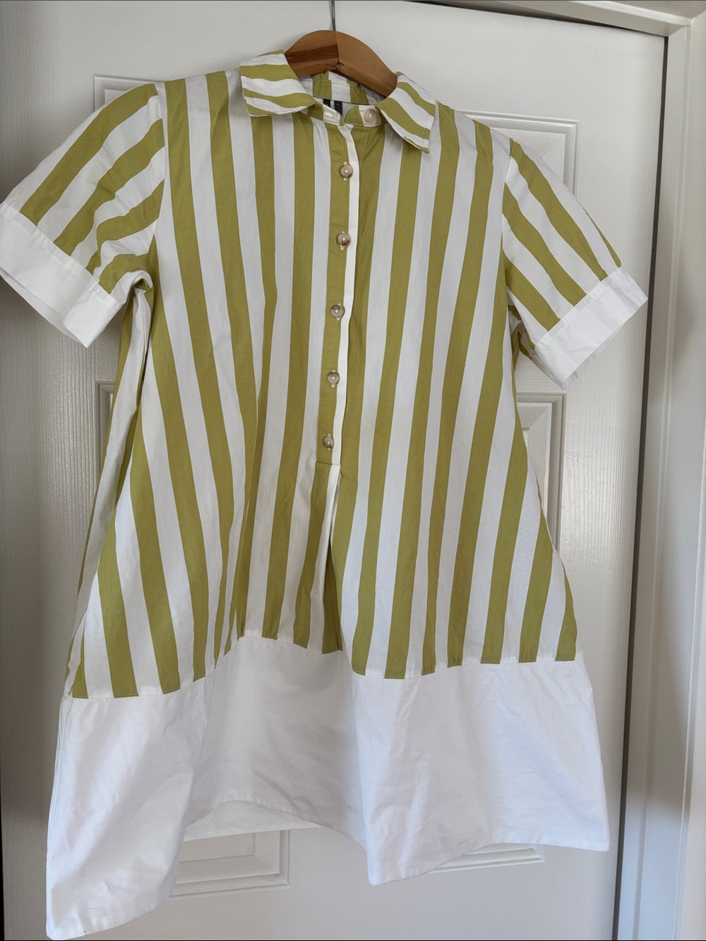 Anthropologie Olive Green and White Striped Button-Front Kids Blouse